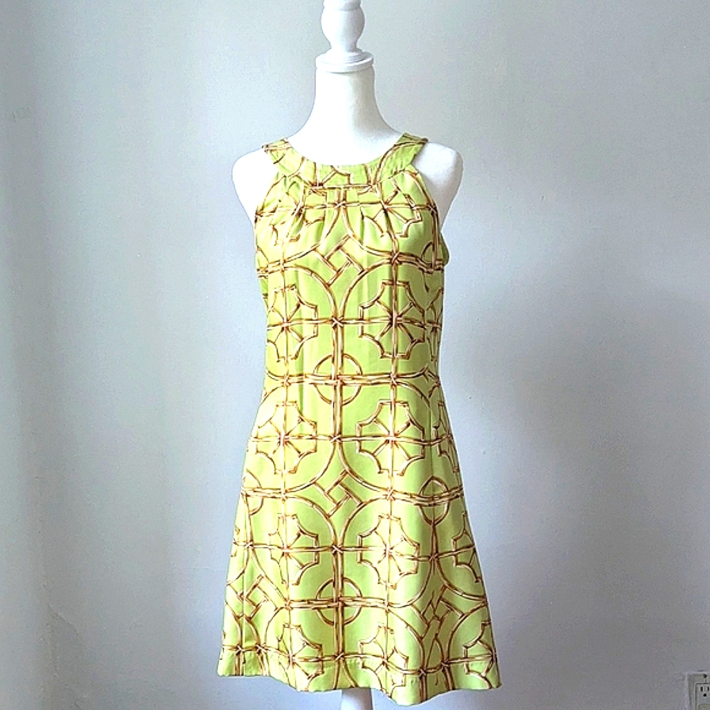 NWT J.McLaughlin Silk Bamboo Trellis Green Brown Sleeveless Sheath Dress 4